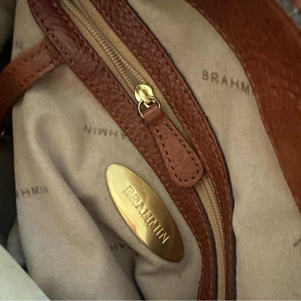 BRAHMIN Brown Pebble Leather Tote Purse Gold Chain Trim Chunky Hardware - Picture 5 of 10